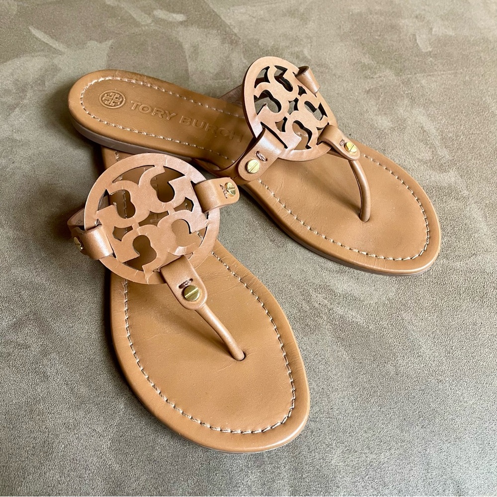 AUTHENTIC TORY BURCH TAN LEATHER MILLER SANDALS
